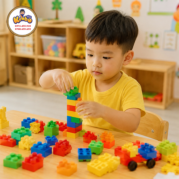 Trẻ xếp hình hoặc lắp ghép các khối đồ chơi để phát triển phối hợp tay – mắt.